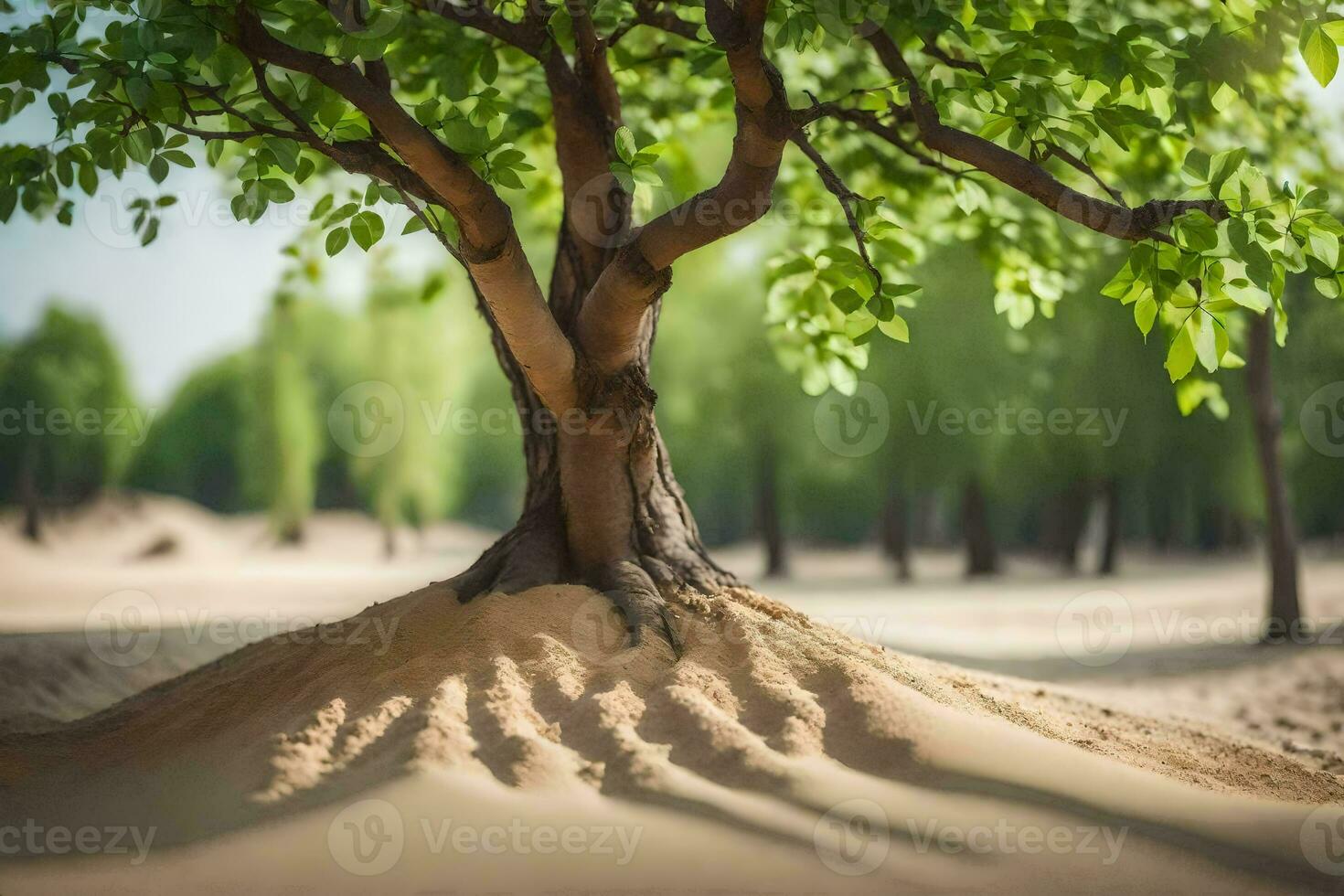 a tree with roots growing out of the sand. AI-Generated photo