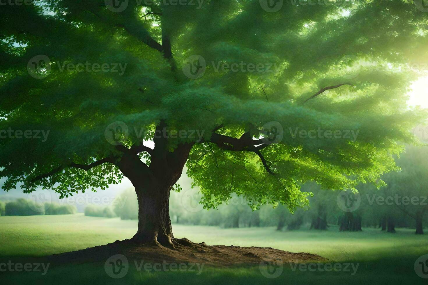 a tree is shown in the middle of a field. AI-Generated photo