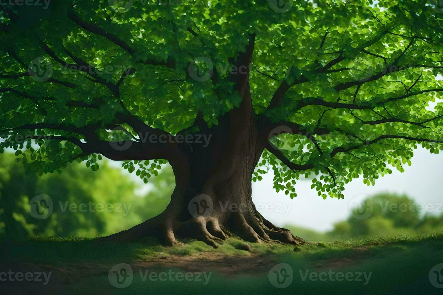 a tree with roots in the middle of a field. AI-Generated photo