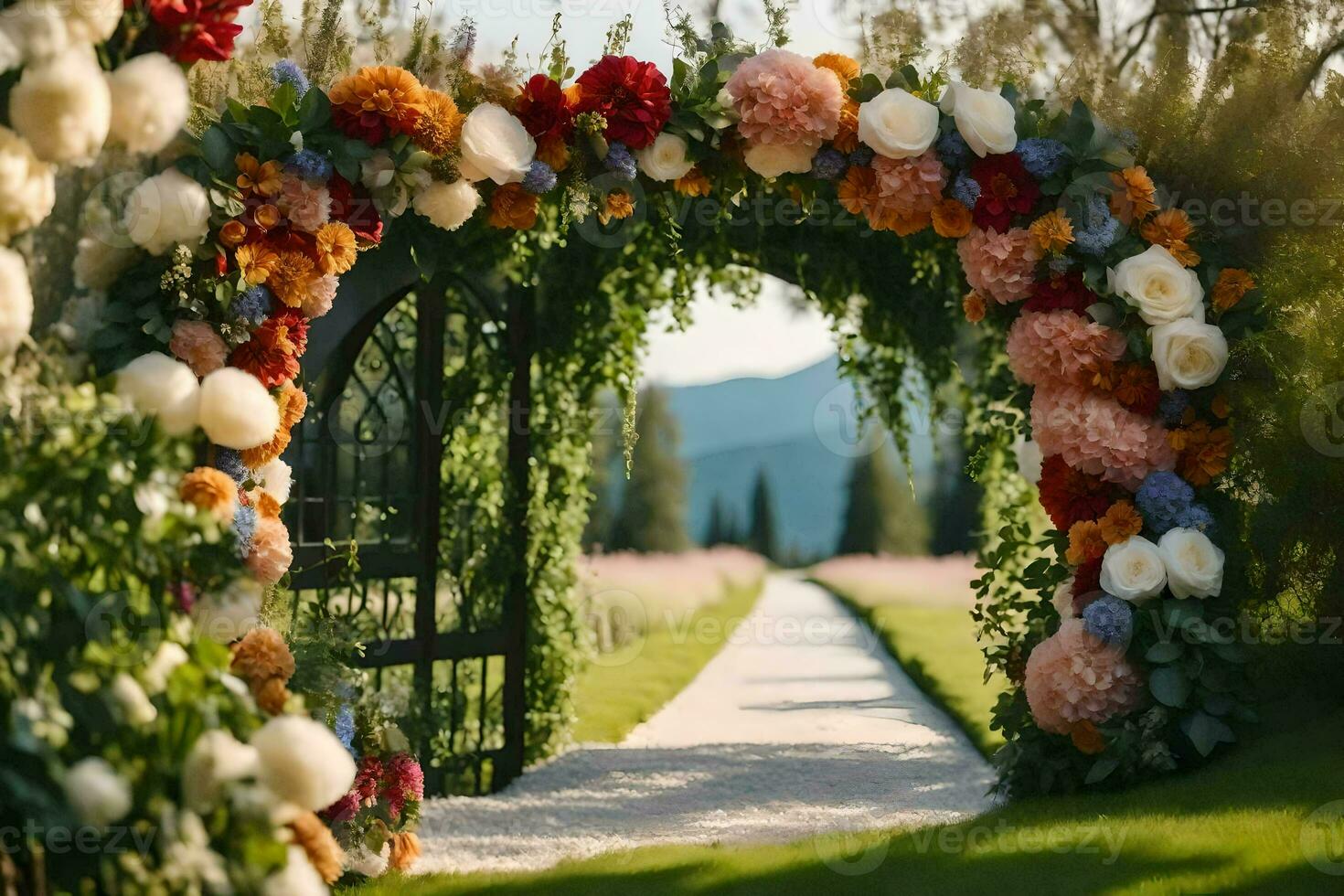 a wedding arch made of flowers in the middle of a field. AI-Generated photo
