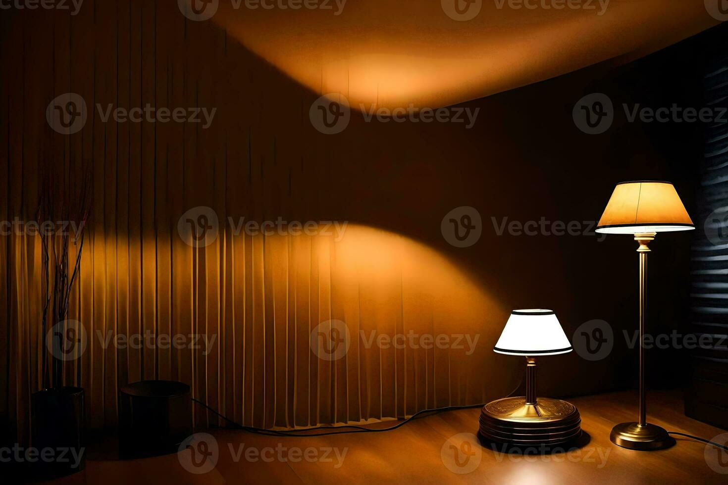 a lamp and a table in a dark room. AI-Generated photo