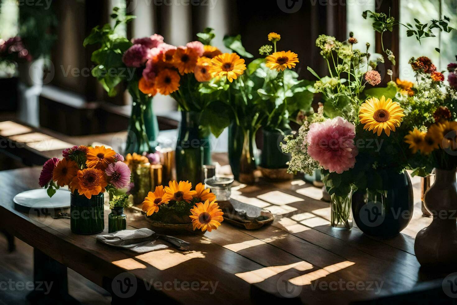 a table with flowers and a vase on it. AI-Generated photo