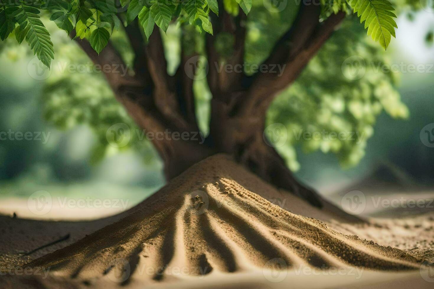 a tree with sand on the ground and a green background. AI-Generated photo