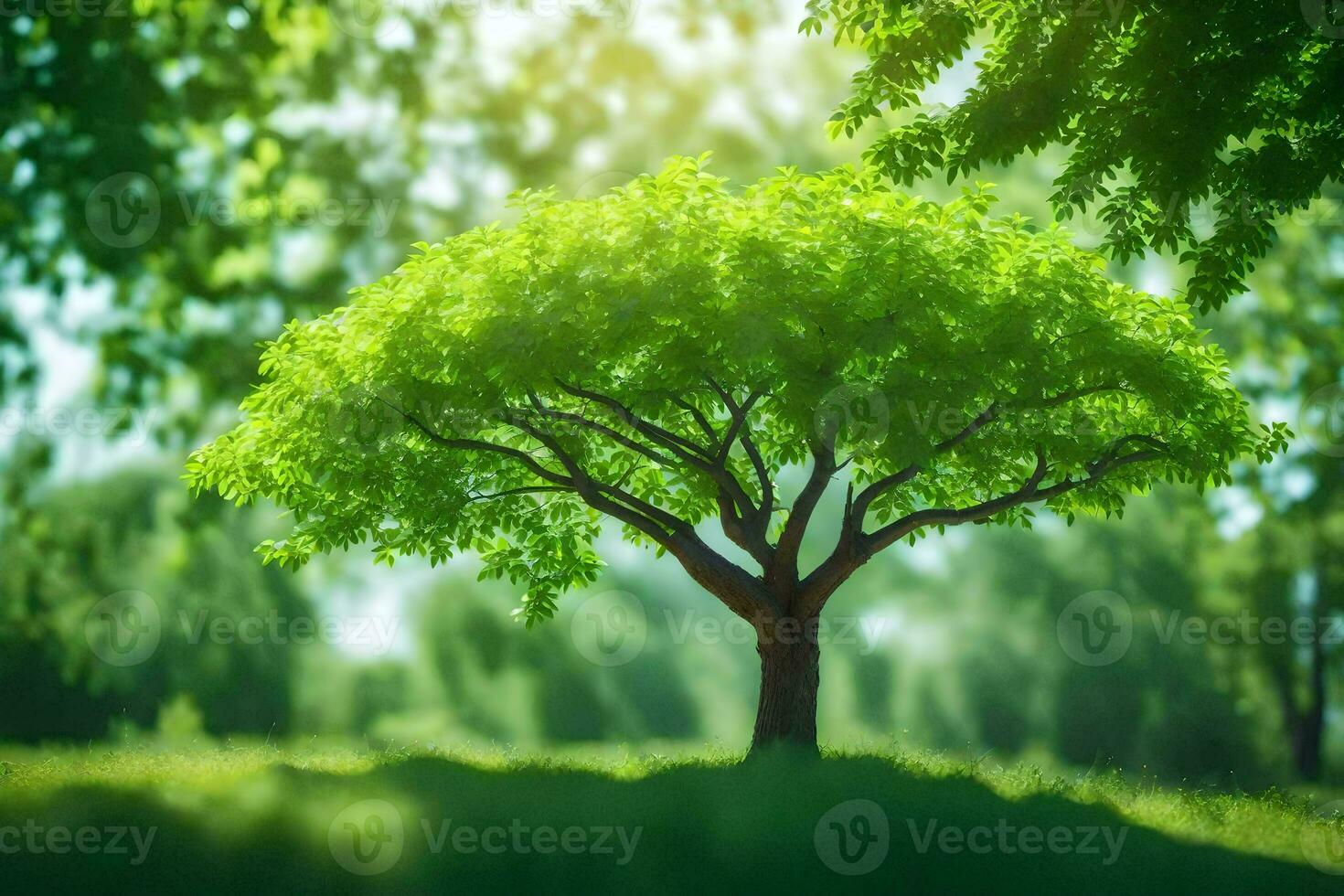 a tree is standing in the middle of a green field. AI-Generated photo
