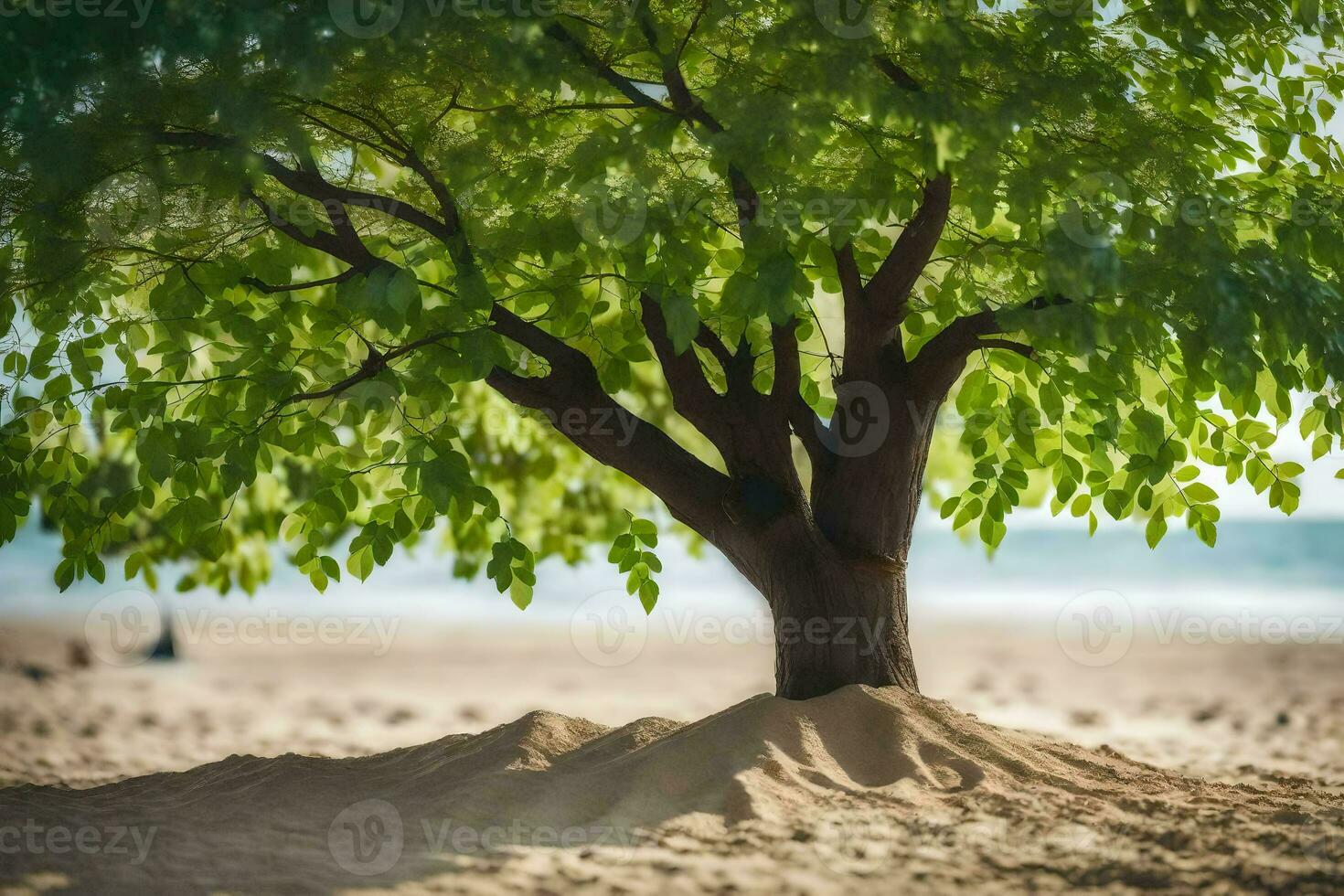 a tree on the beach with sand in the background. AI-Generated photo