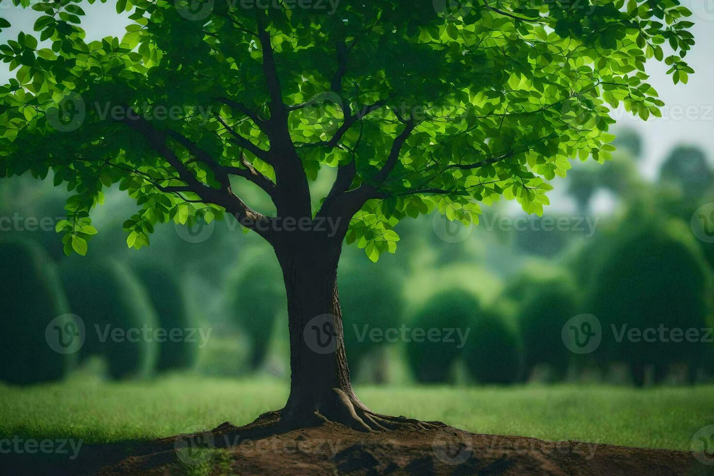 a tree is standing in the middle of a field. AI-Generated photo