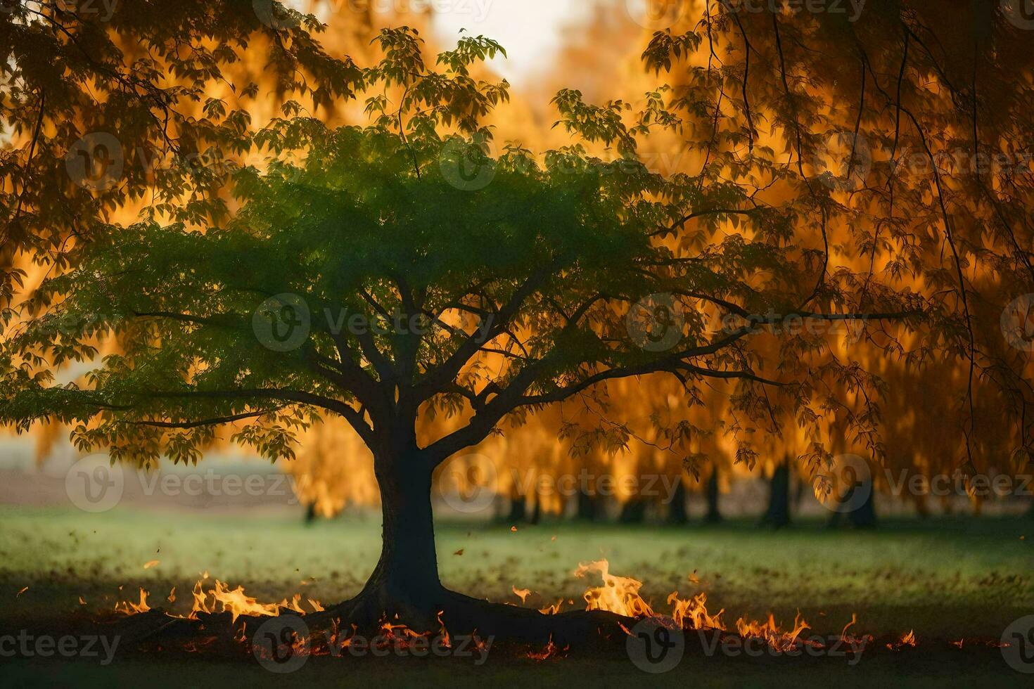 a tree with flames around it in the middle of a field. AI-Generated photo