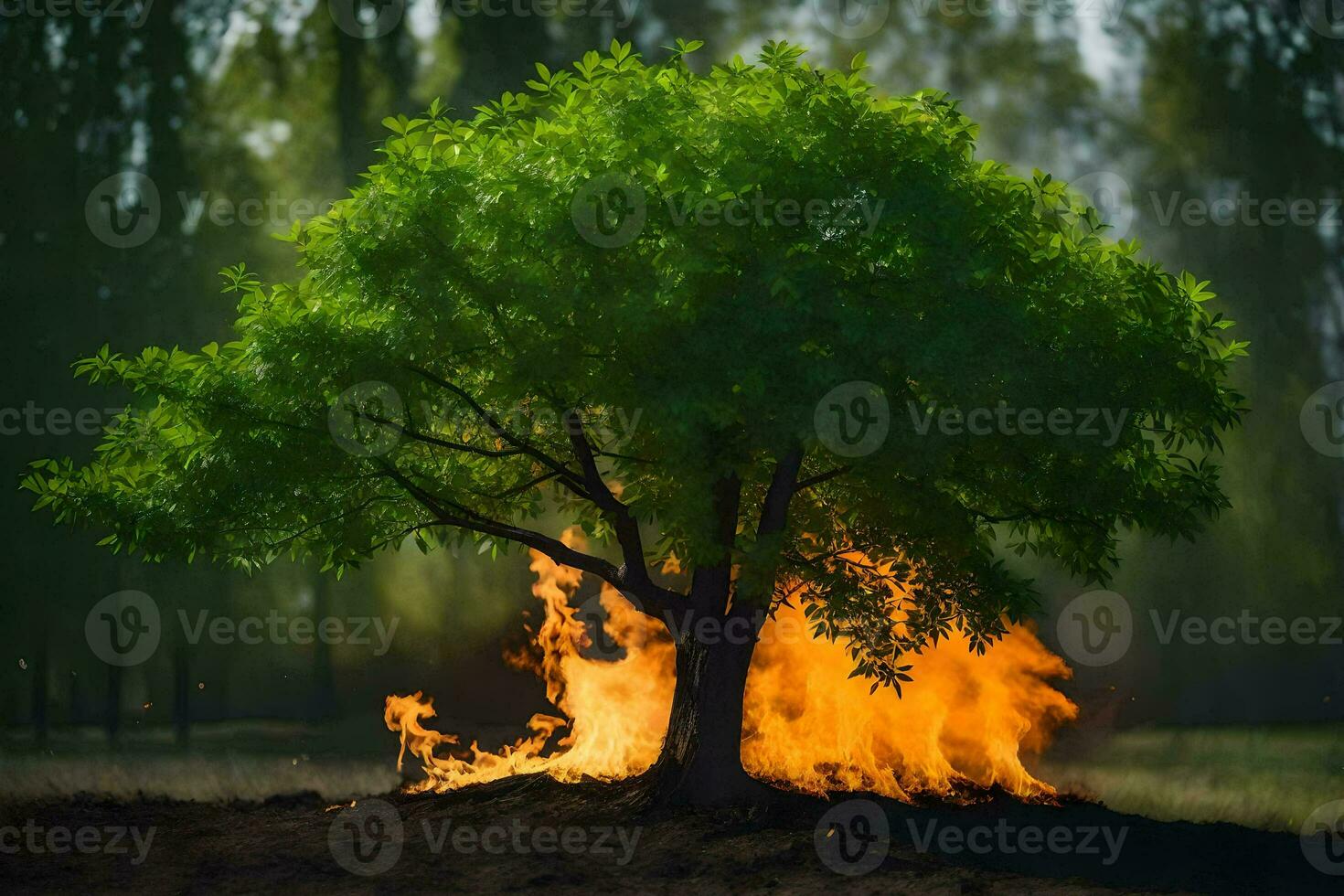 a tree is burning in the middle of a field. AI-Generated photo