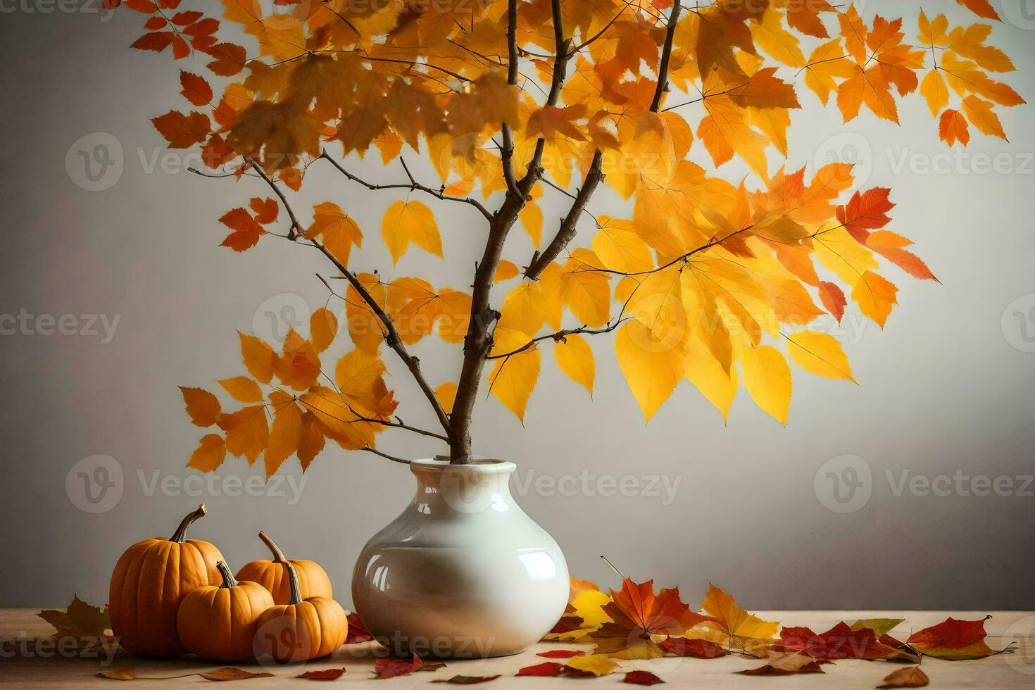 autumn leaves and pumpkins in a vase. AI-Generated photo