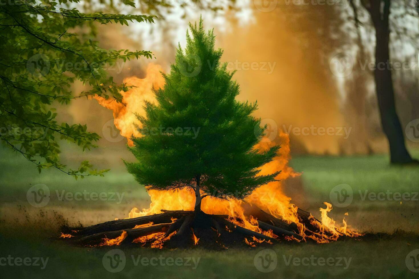 a small tree is sitting on top of a fire. AI-Generated photo