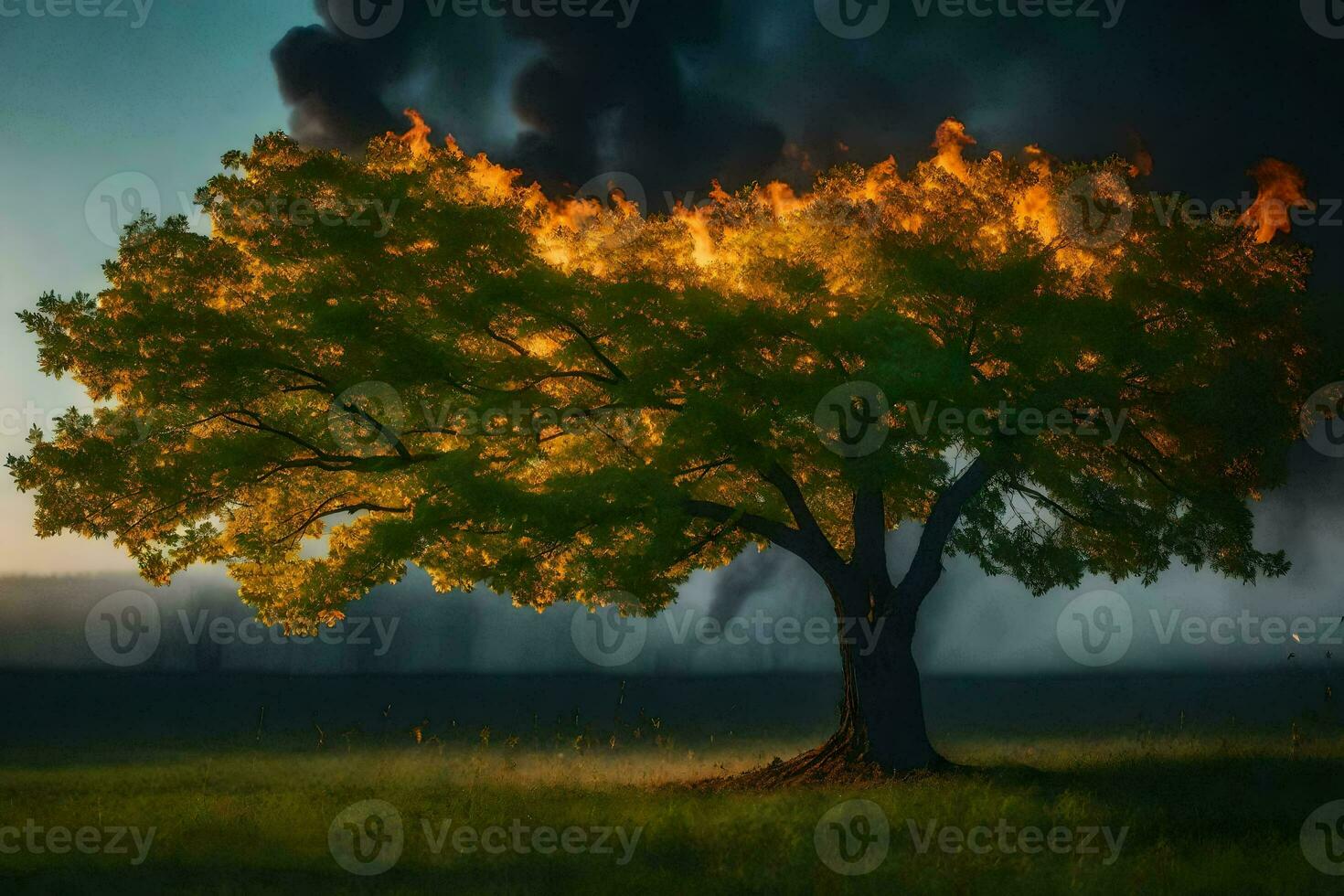 a tree with smoke coming out of it. AI-Generated photo