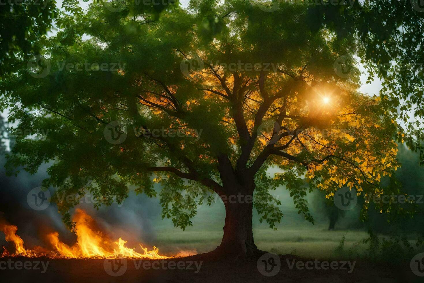 a tree with flames and a bright sun. AI-Generated photo