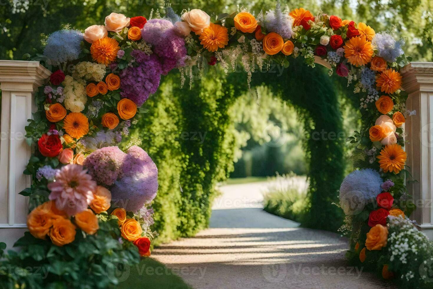 a flower archway is decorated with colorful flowers. AI-Generated photo