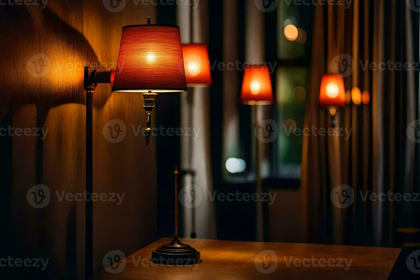 a table with three lamps on it. AI-Generated photo