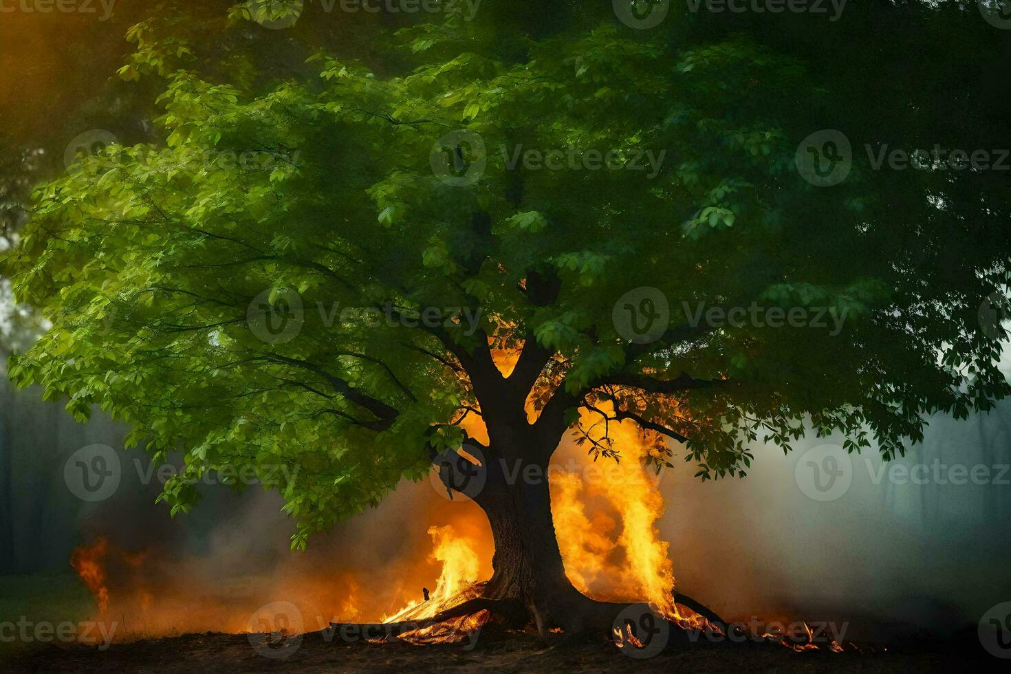 a tree is burning in the middle of a field. AI-Generated photo