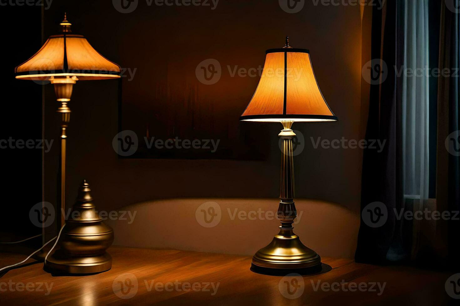dos lamparas en un de madera piso en el oscuro. generado por ai foto