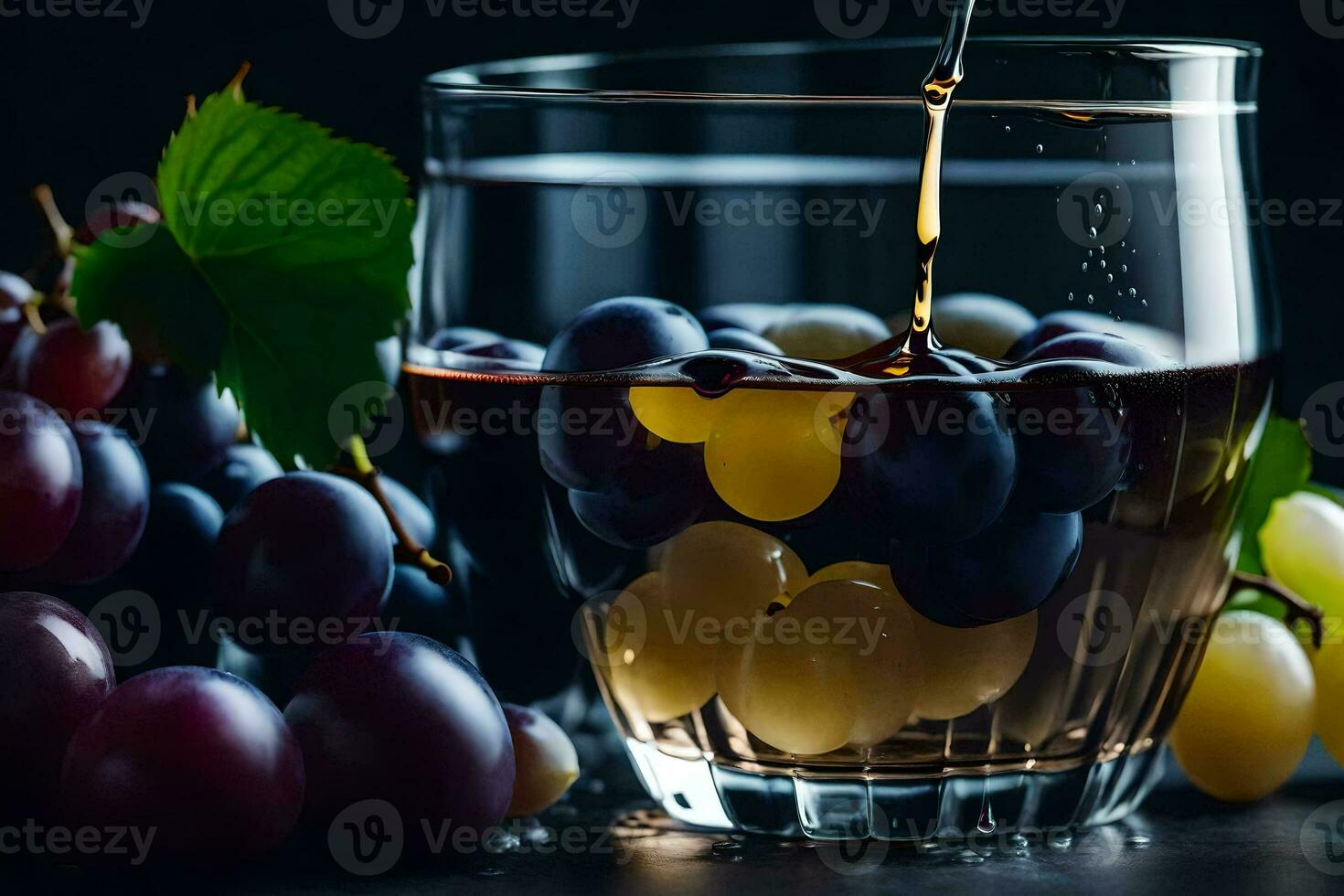 a glass of wine with grapes and leaves. AI-Generated photo