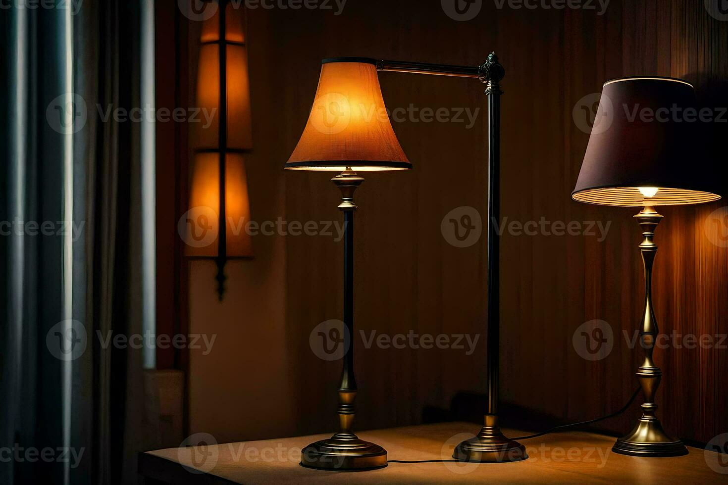 two lamps on a table in a dark room. AI-Generated photo