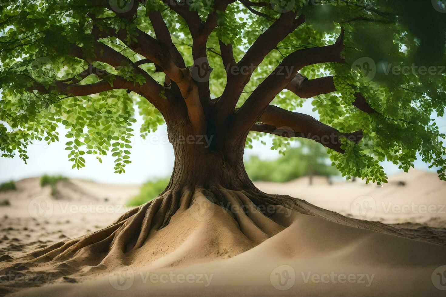 a tree with roots in the sand. AI-Generated photo