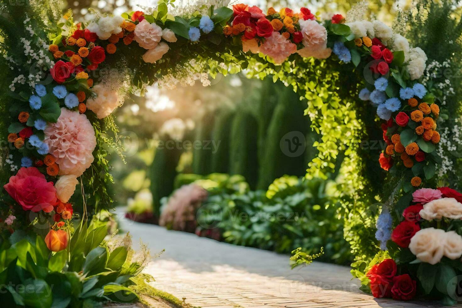 an archway with flowers and greenery. AI-Generated photo