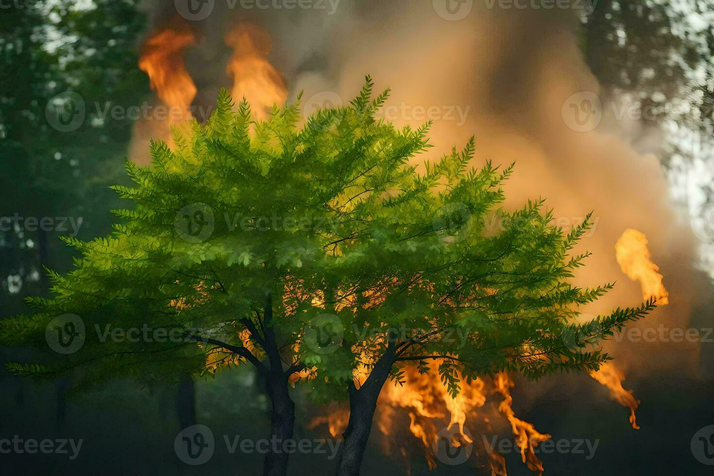 a tree is burning in the forest. AI-Generated photo