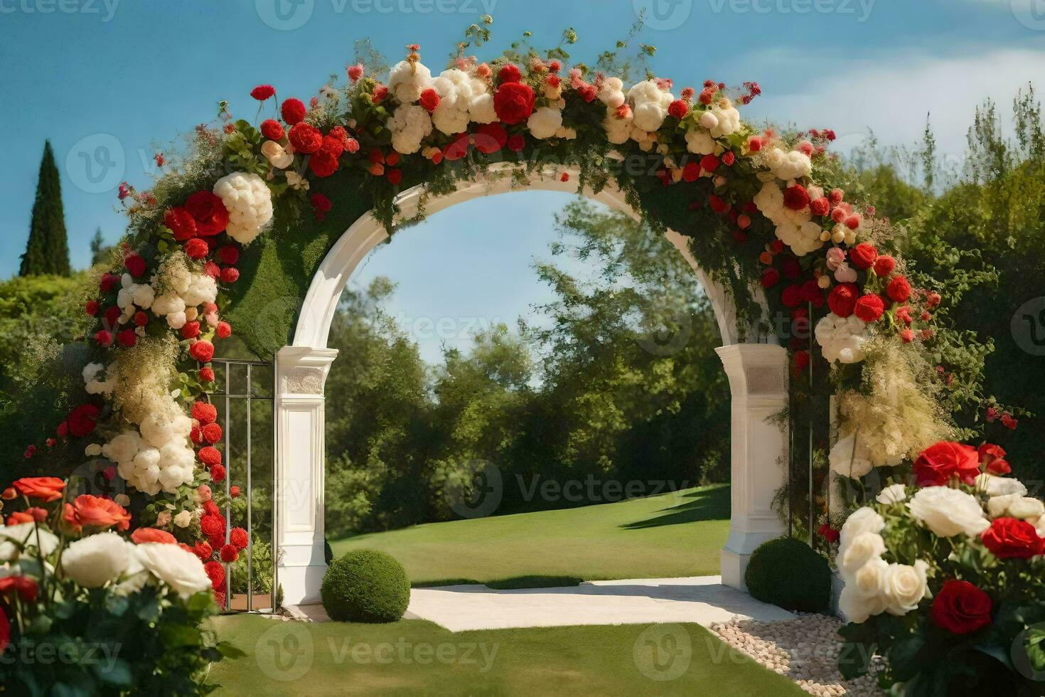 un Boda arco decorado con rojo y blanco flores generado por ai foto