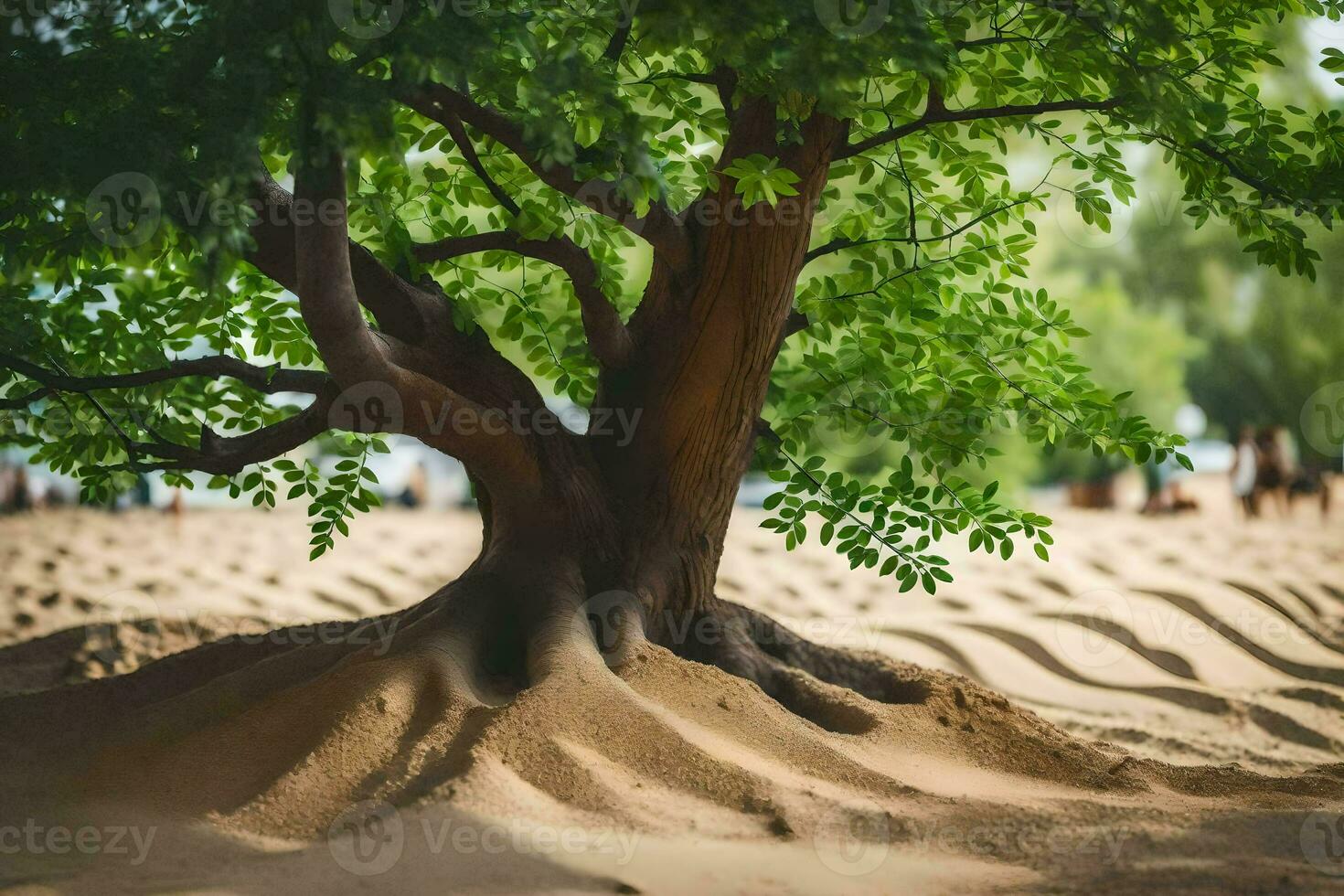 a tree with roots in the sand. AI-Generated photo