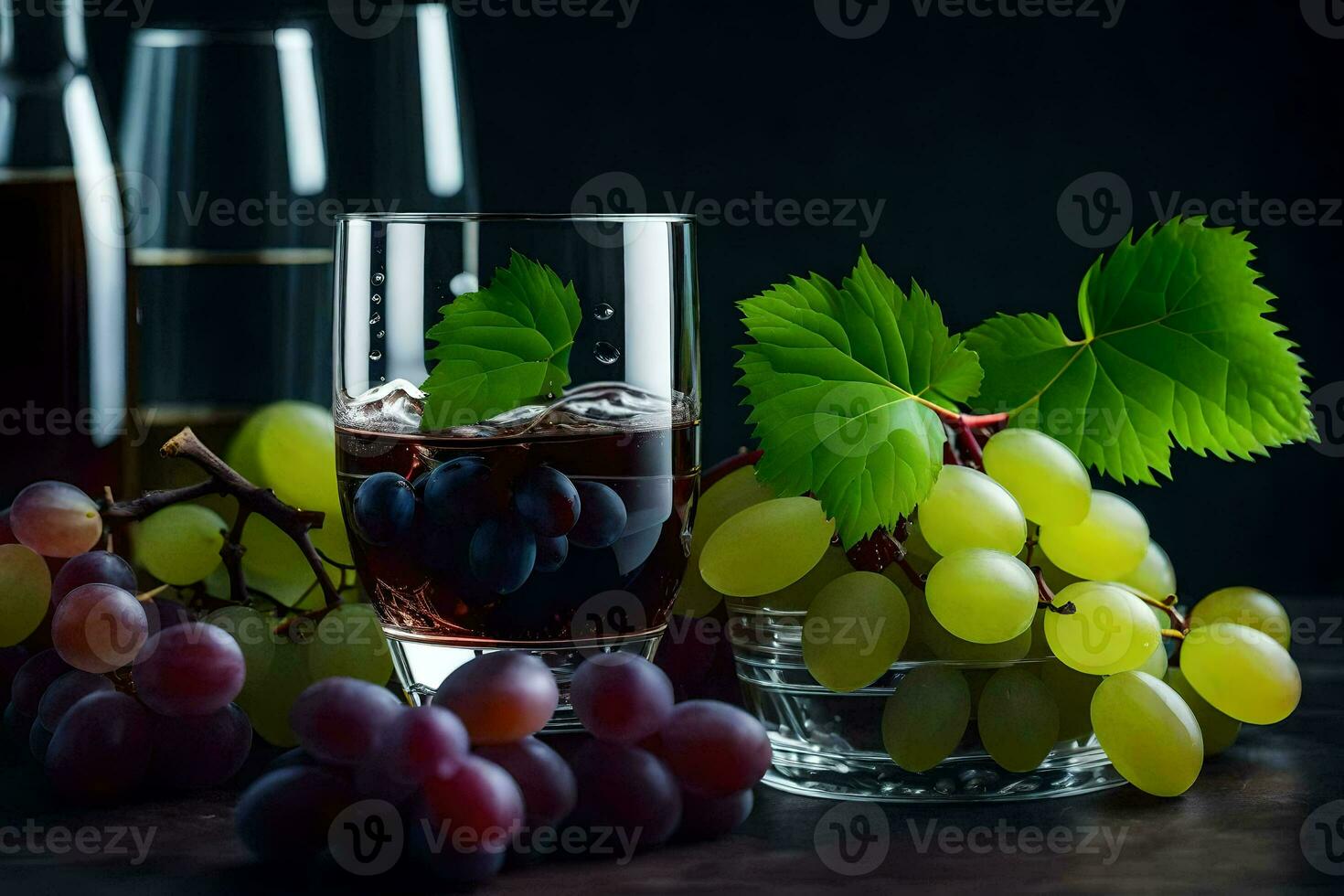 grapes and wine on a dark table. AI-Generated photo