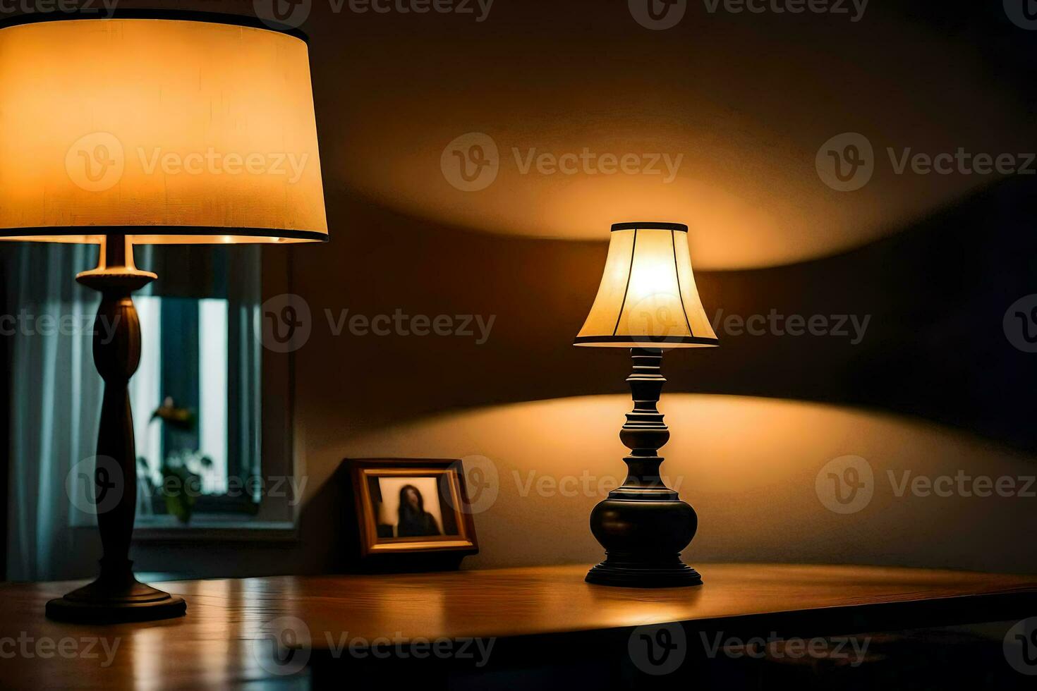two lamps on a table in the dark. AI-Generated photo