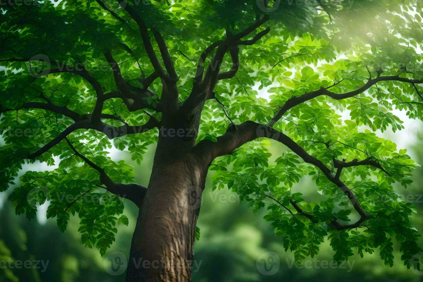 a tree with green leaves and sunlight shining through. AI-Generated photo
