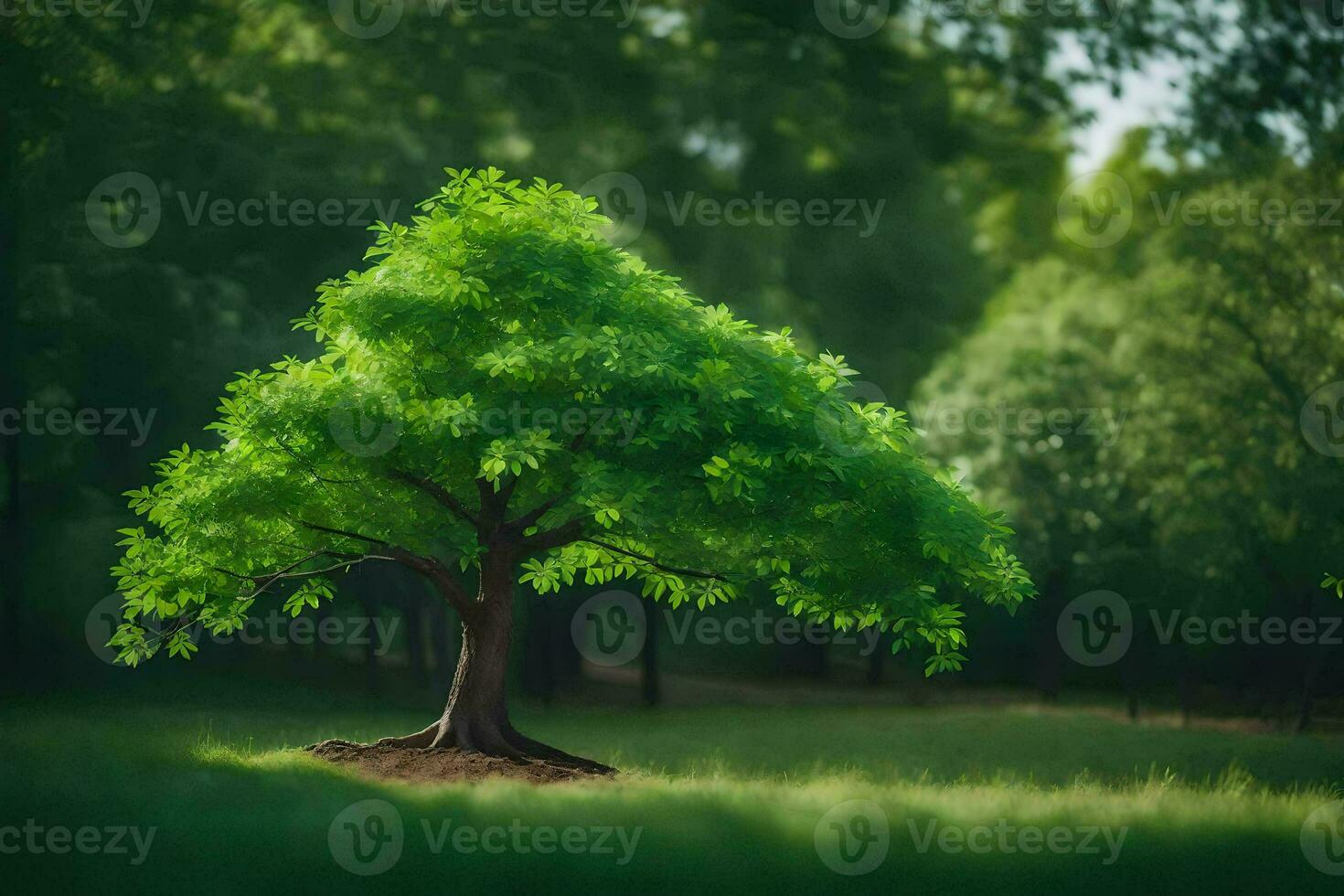 a tree in the middle of a green field. AI-Generated photo