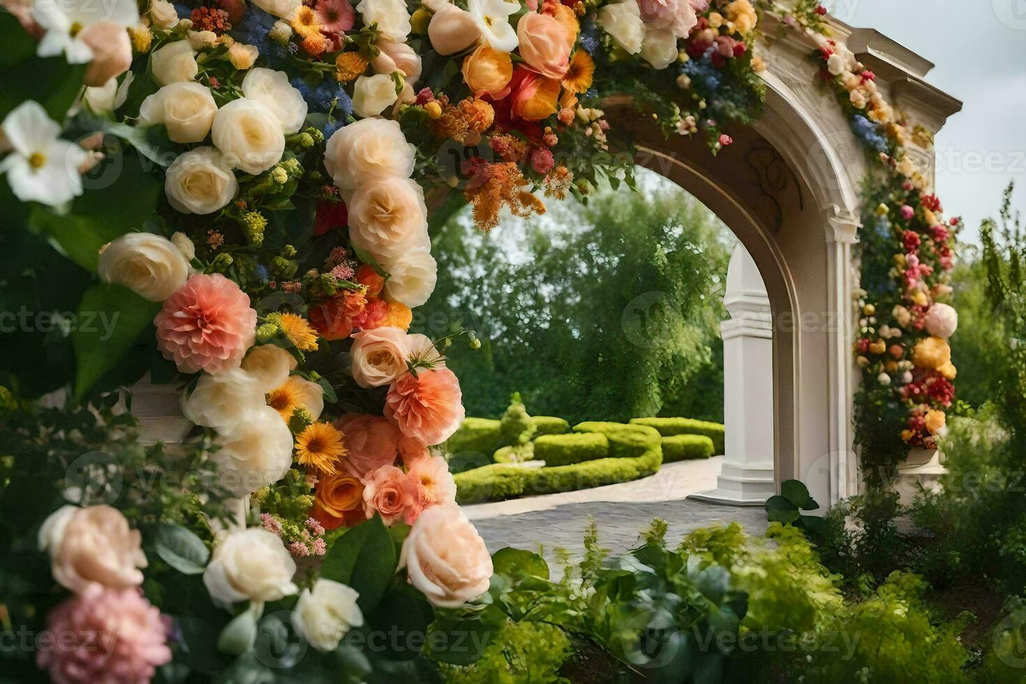 a flower archway is decorated with flowers. AI-Generated photo