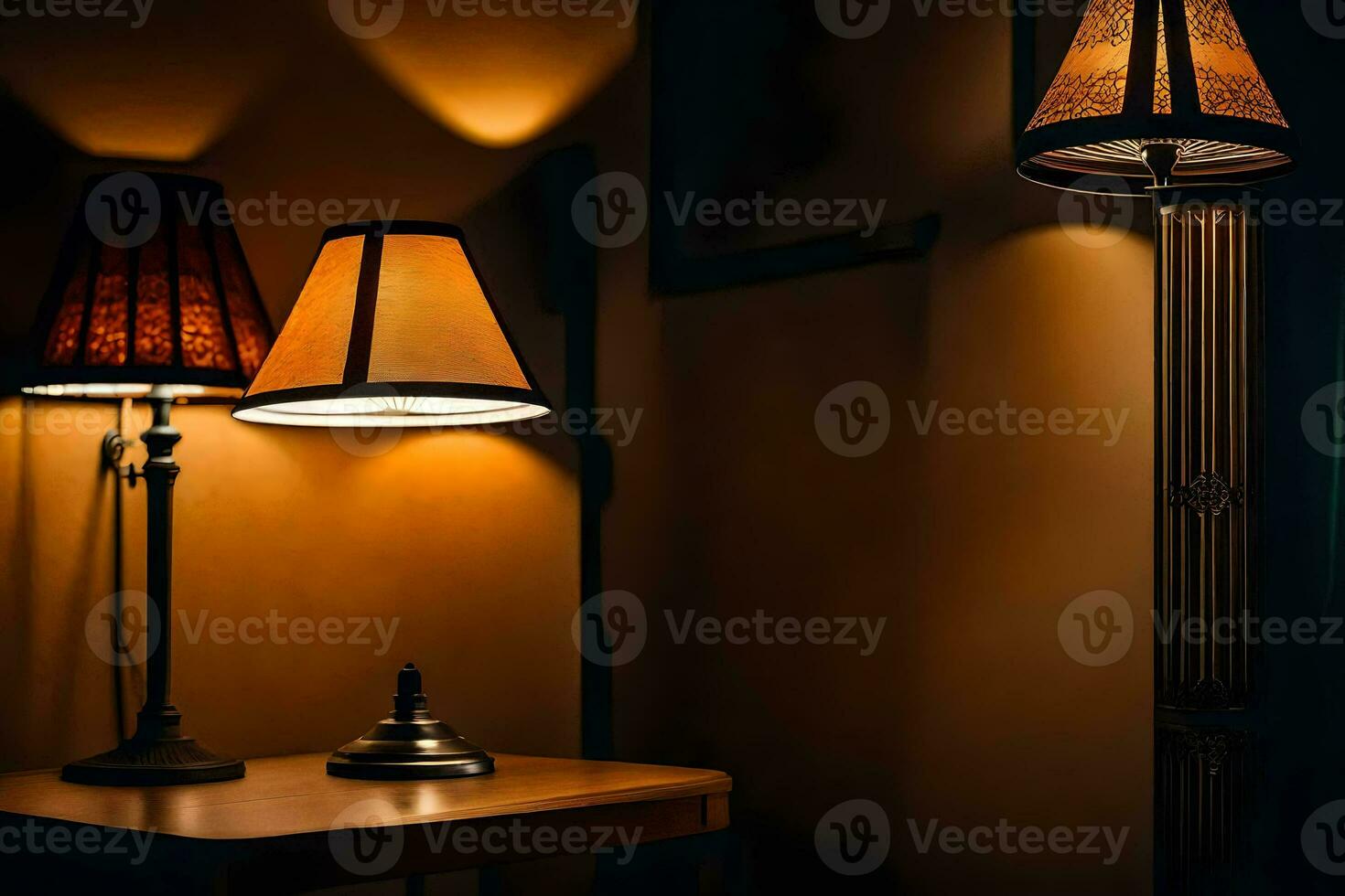 two lamps sit on a table in a dark room. AI-Generated photo