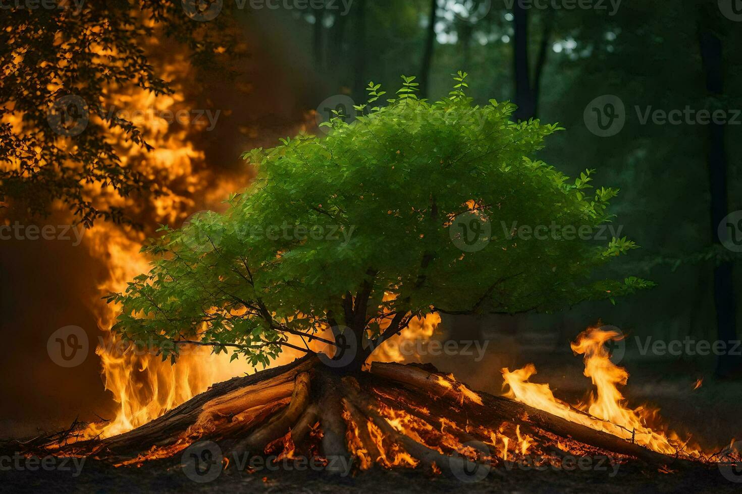 a tree is burning in the forest. AI-Generated photo
