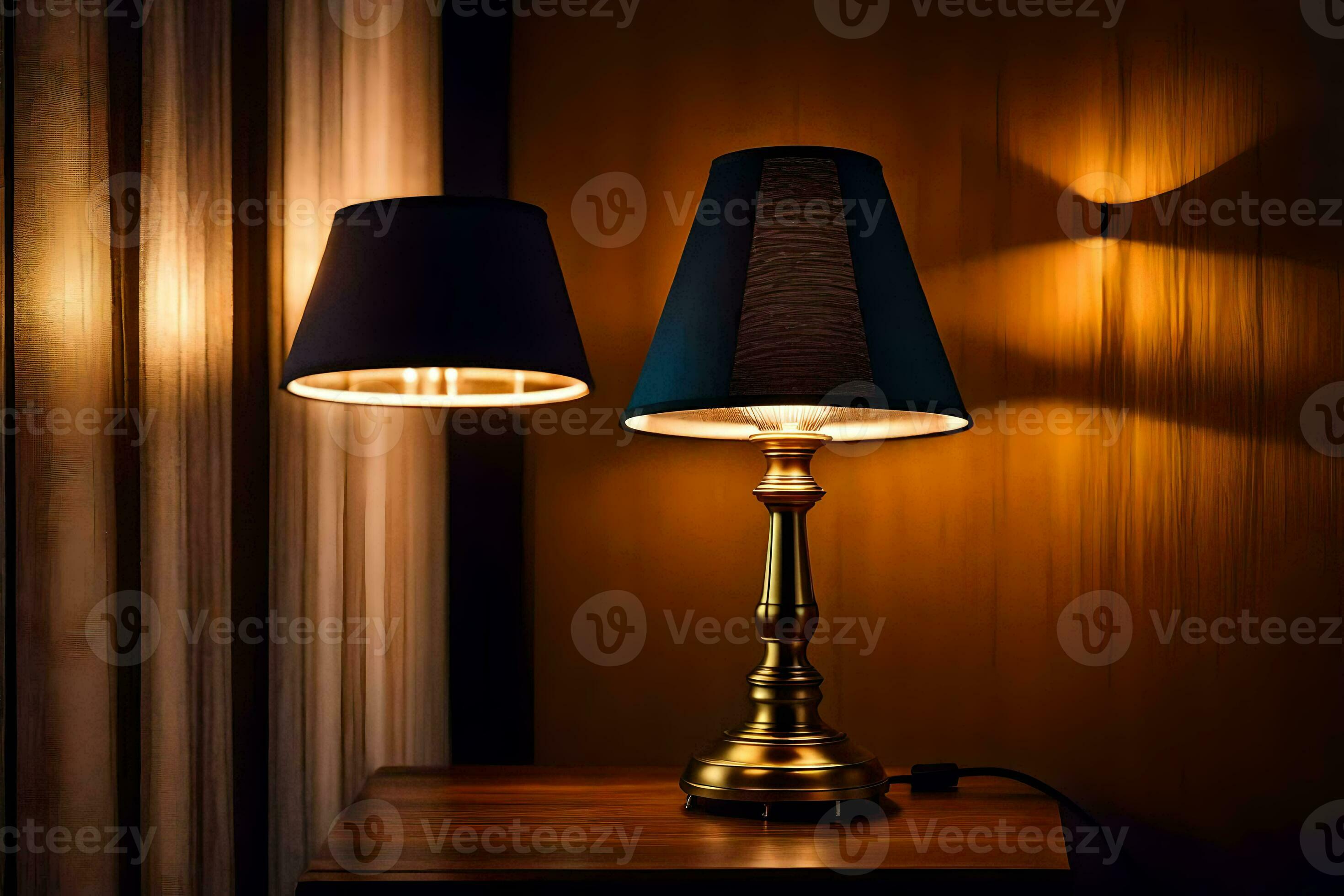 two lamps on a table next to a lamp shade. AI Generated 30126545