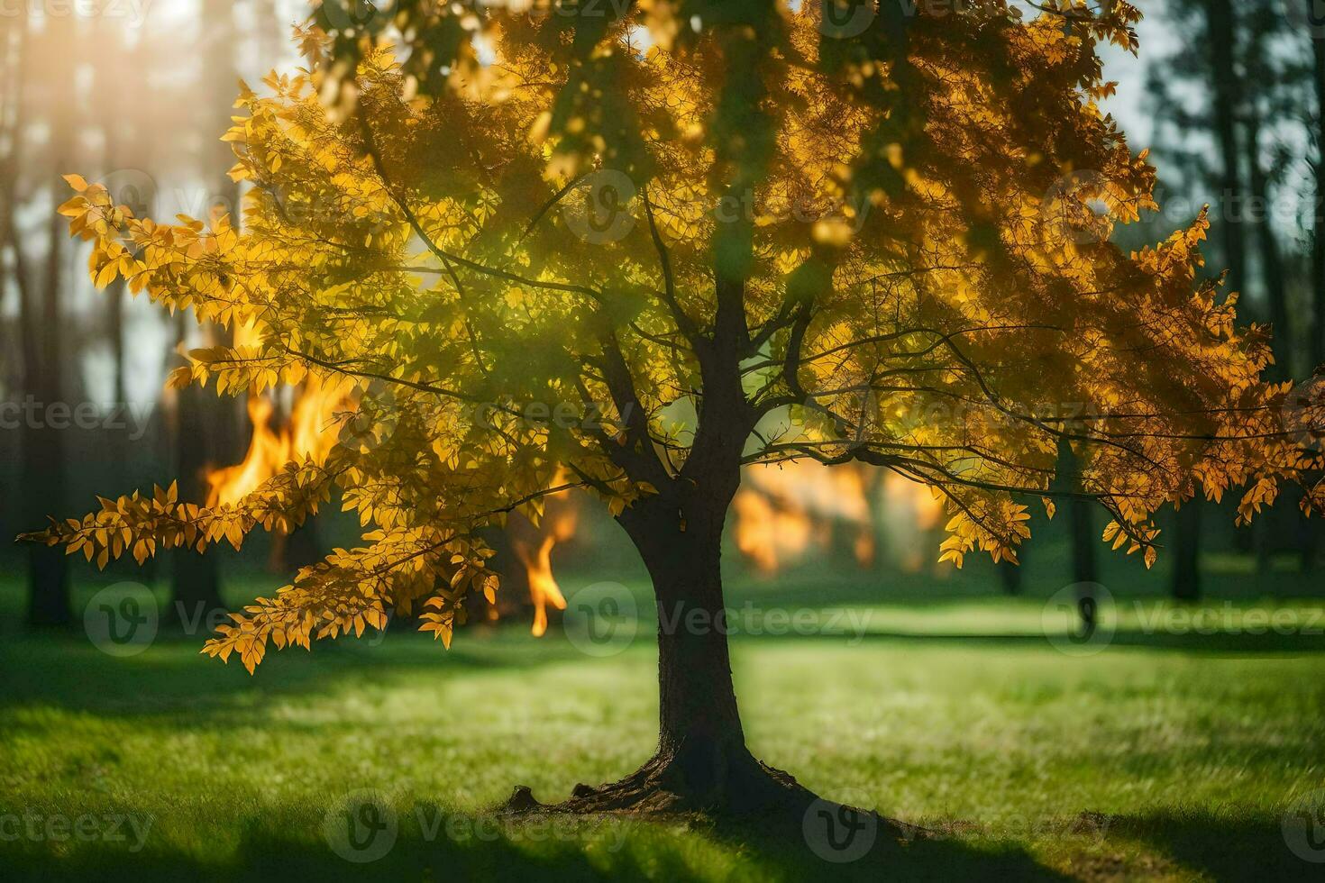 a tree in the middle of a field with the sun shining through it. AI-Generated photo