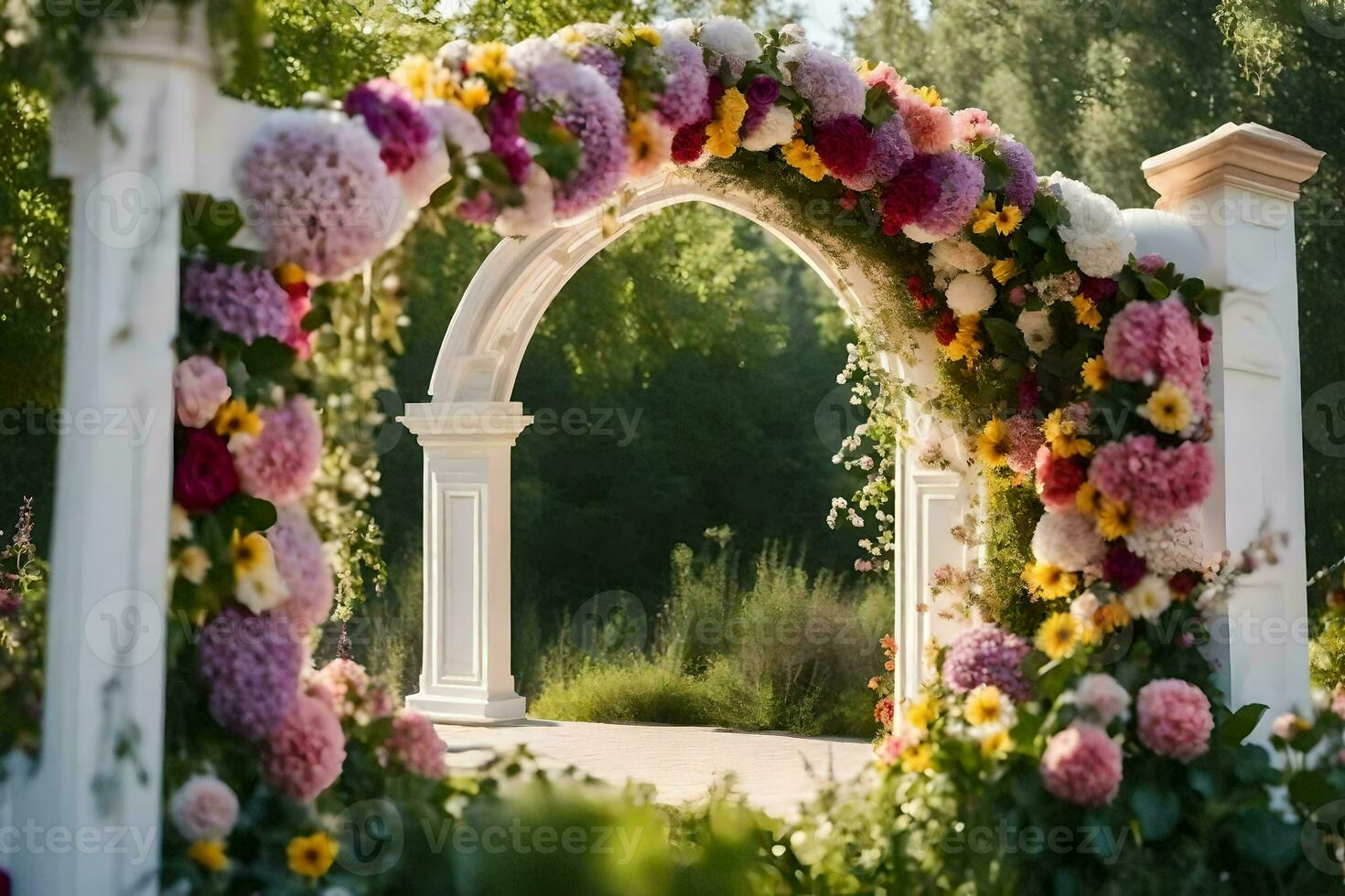 un Boda arco hecho de flores en el jardín. generado por ai foto