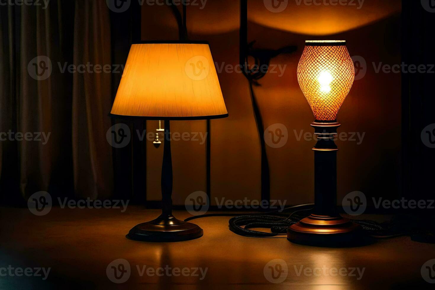 two lamps are sitting on a table in the dark. AI-Generated photo