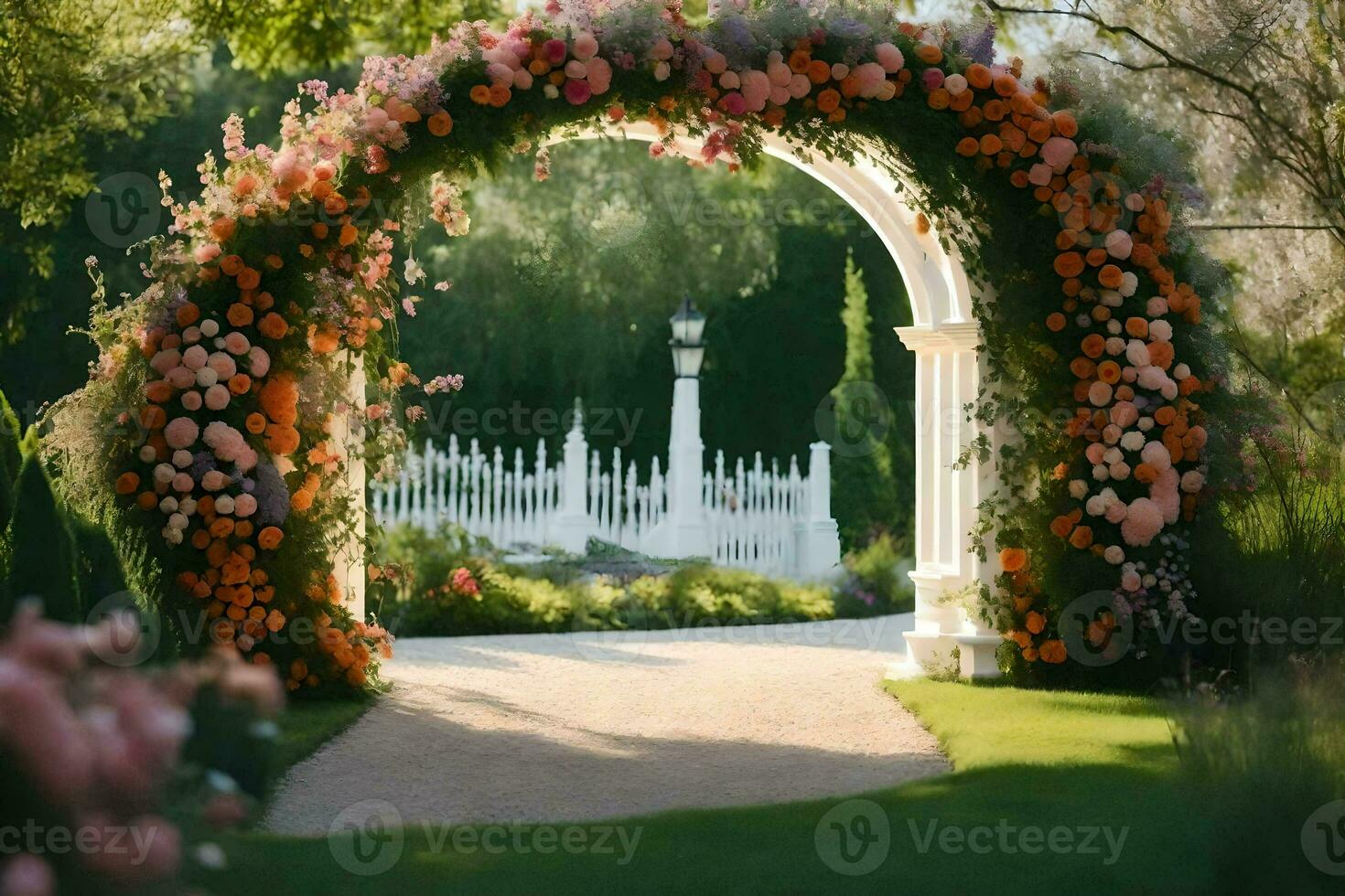 un blanco arco con flores y un camino líder a él. generado por ai foto