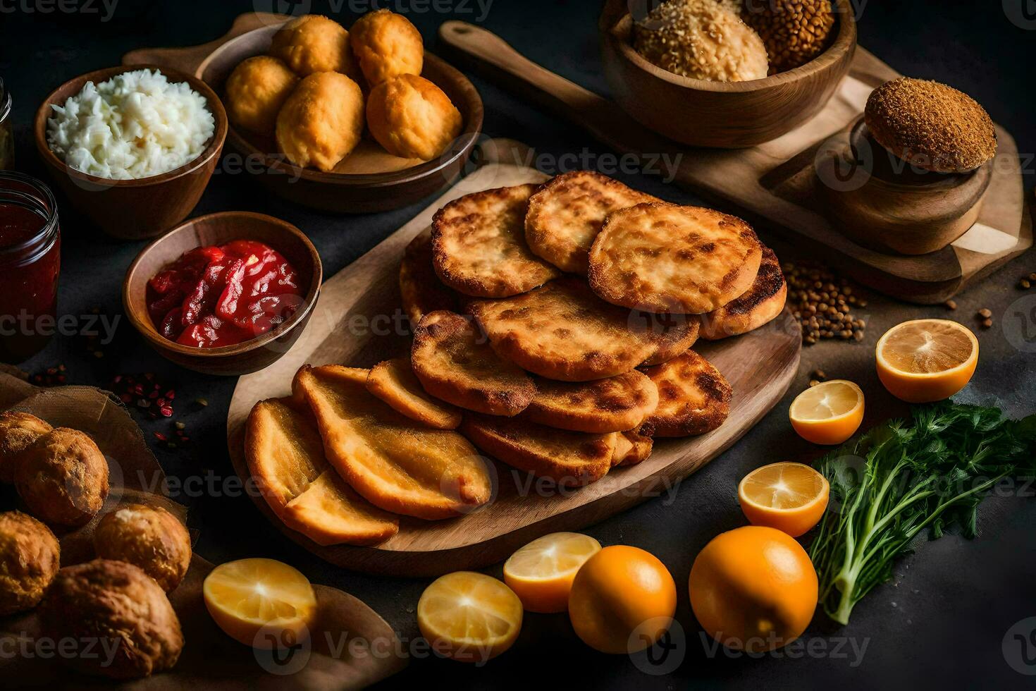 various foods including bread, cheese, and other ingredients. AI-Generated photo