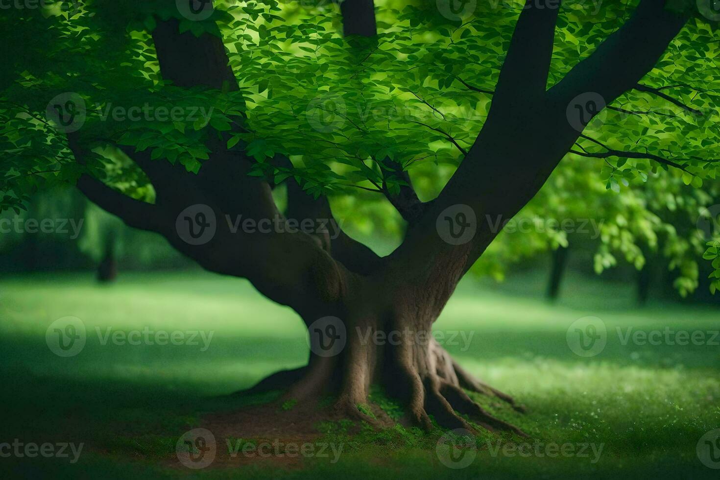 a tree with roots in the middle of a green field. AI-Generated photo