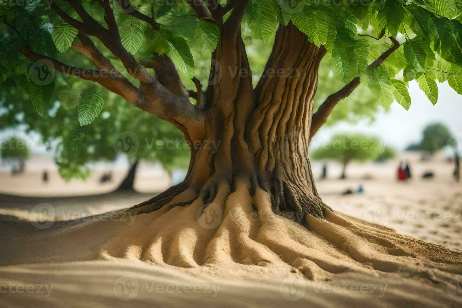 a tree with roots in the sand. AI-Generated photo