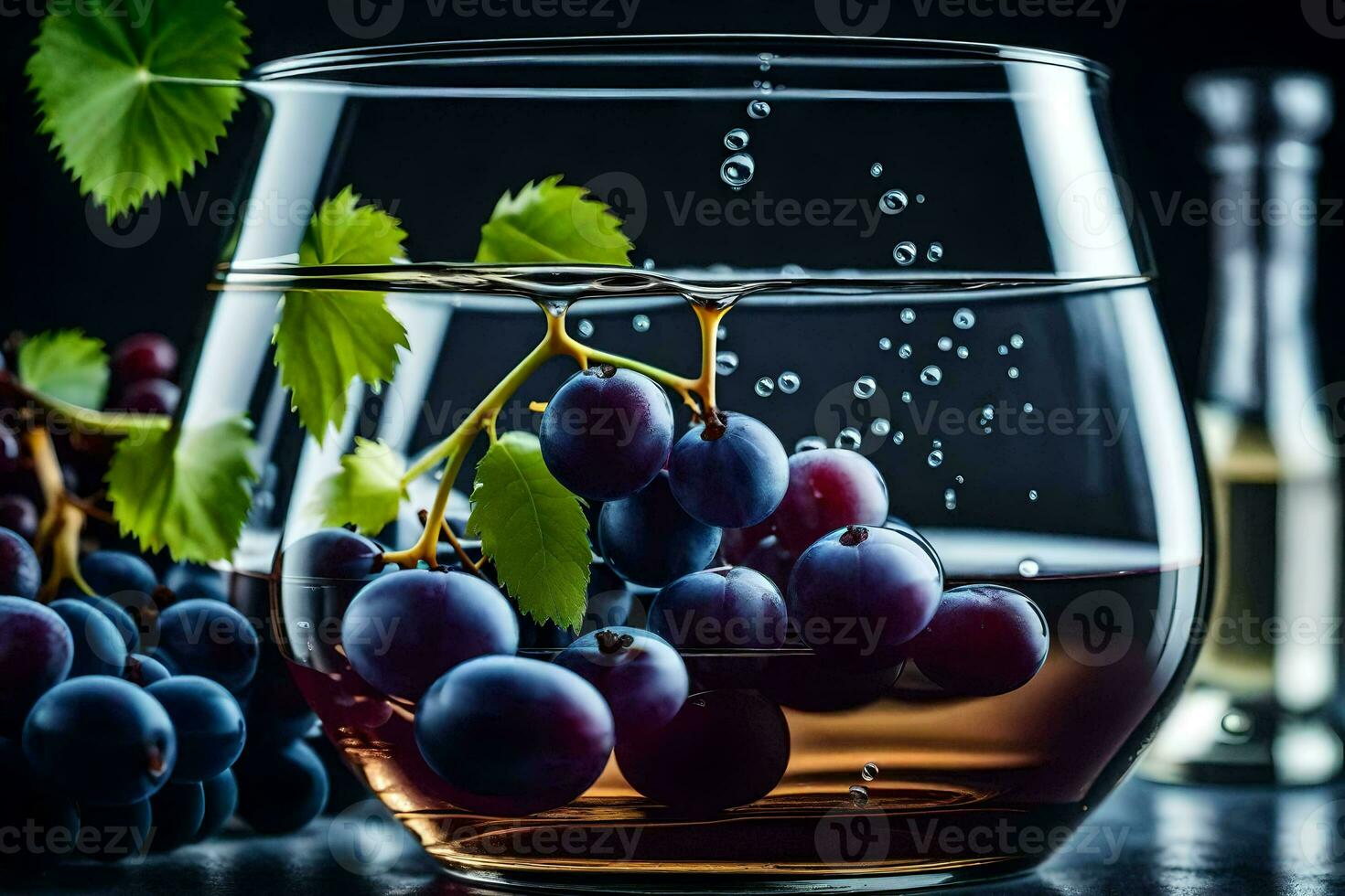 grapes in a glass with wine and bottle. AI-Generated photo