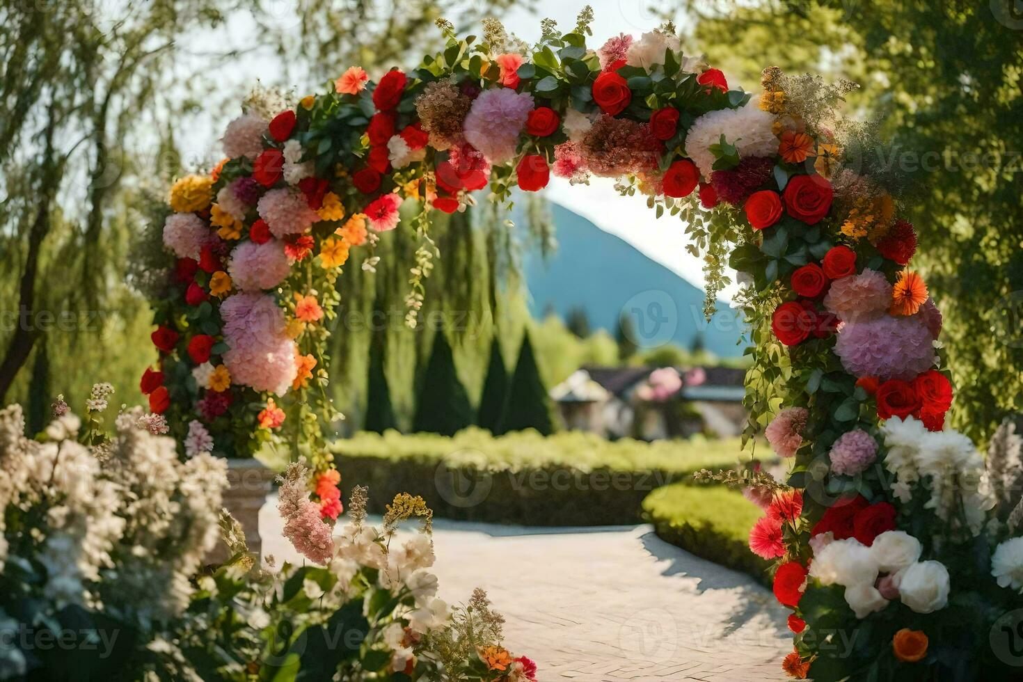 a colorful archway decorated with flowers in the garden. AI-Generated photo