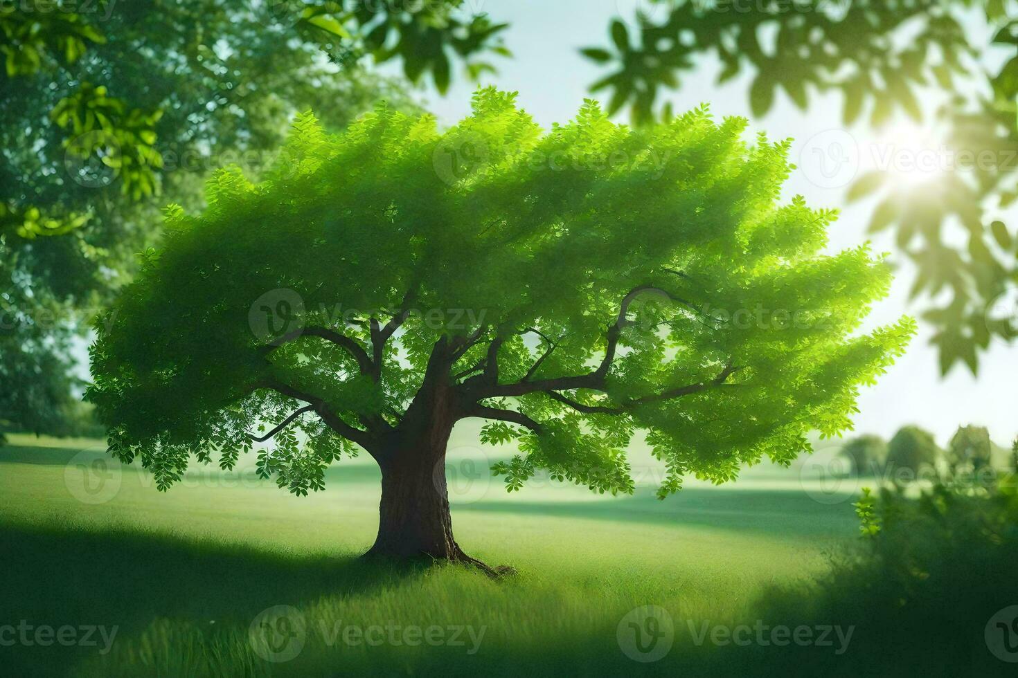 a tree in a field with green grass. AI-Generated photo