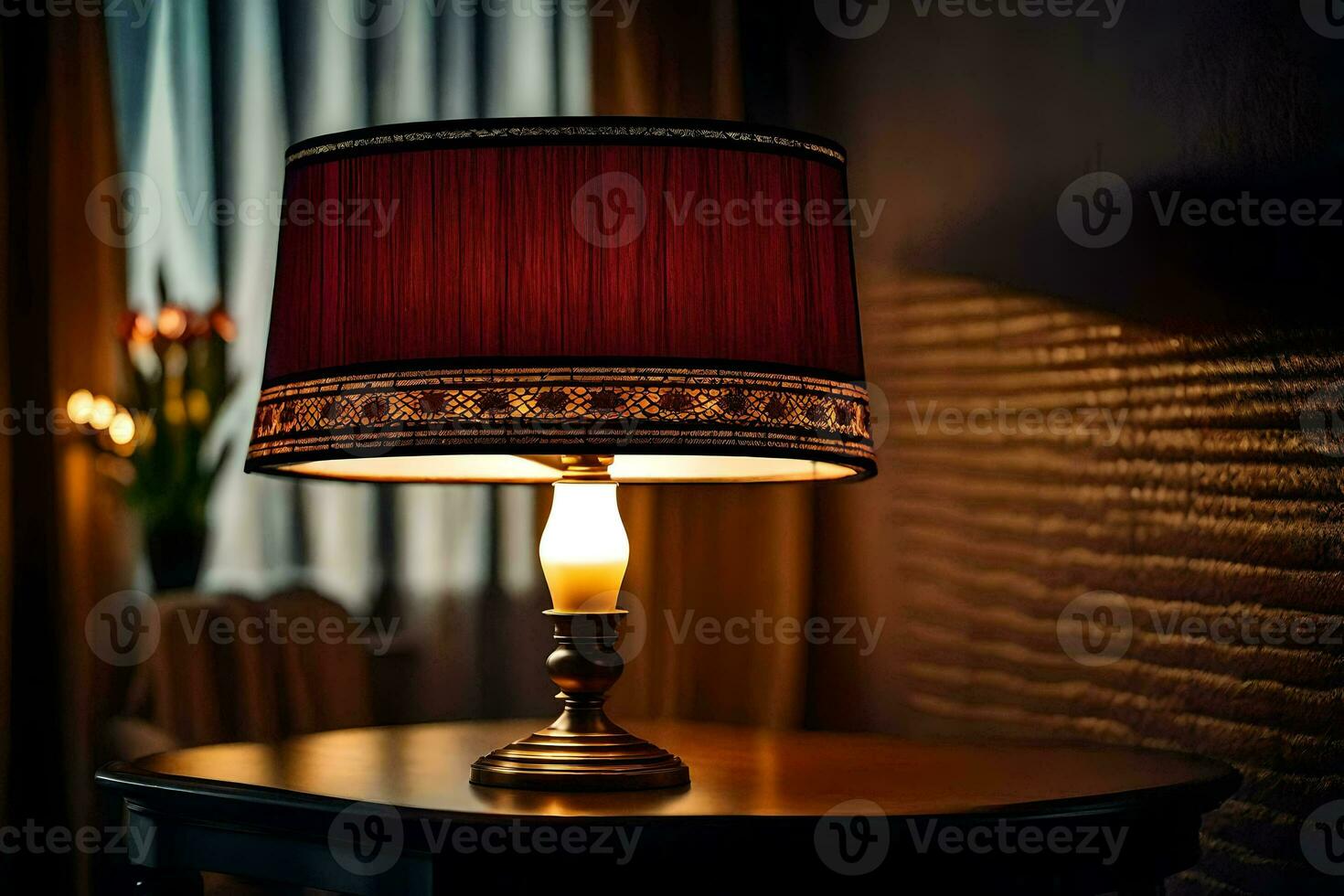 a lamp on a table in front of a window. AI-Generated photo