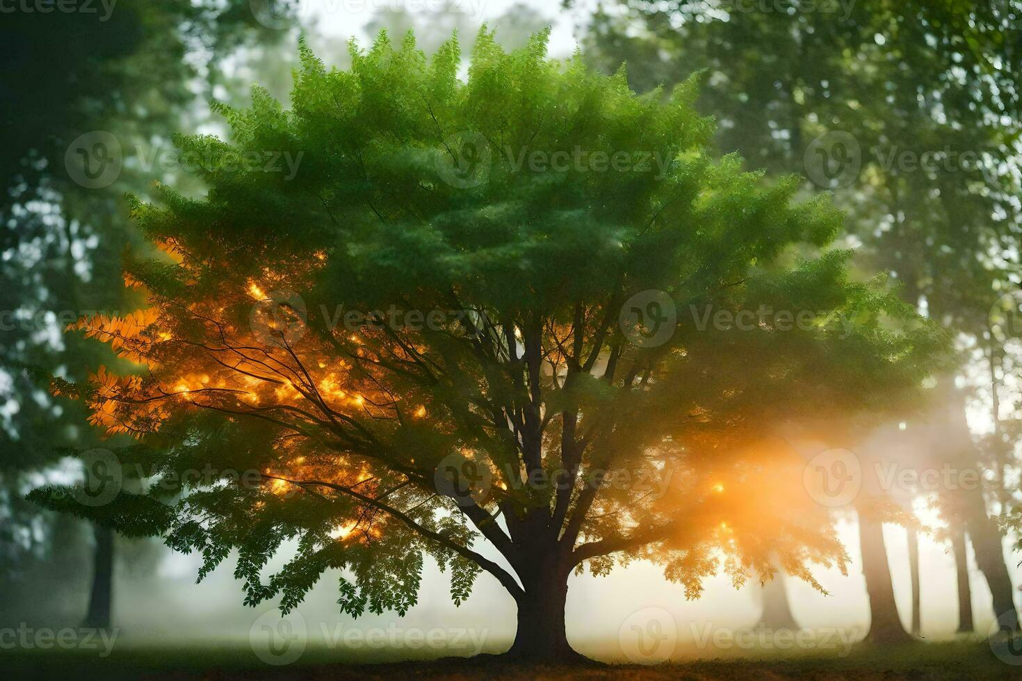 a tree with bright light shining through it. AI-Generated photo