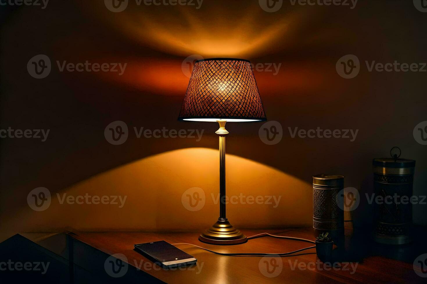 a lamp on a table with a cell phone. AI-Generated photo