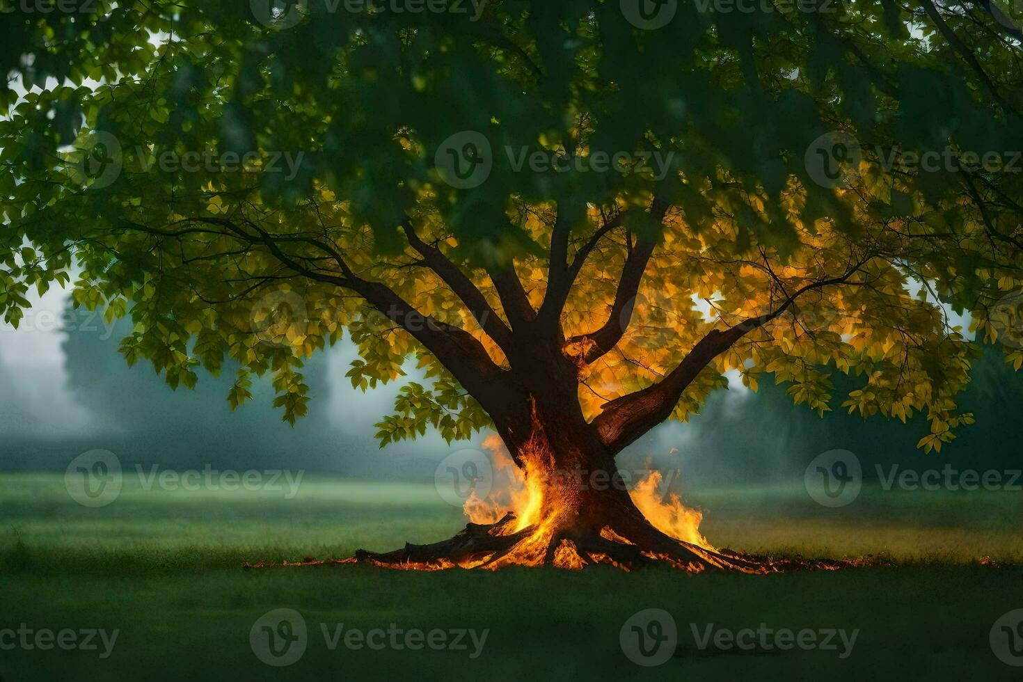 a tree with flames coming out of it in the middle of a field. AI-Generated photo
