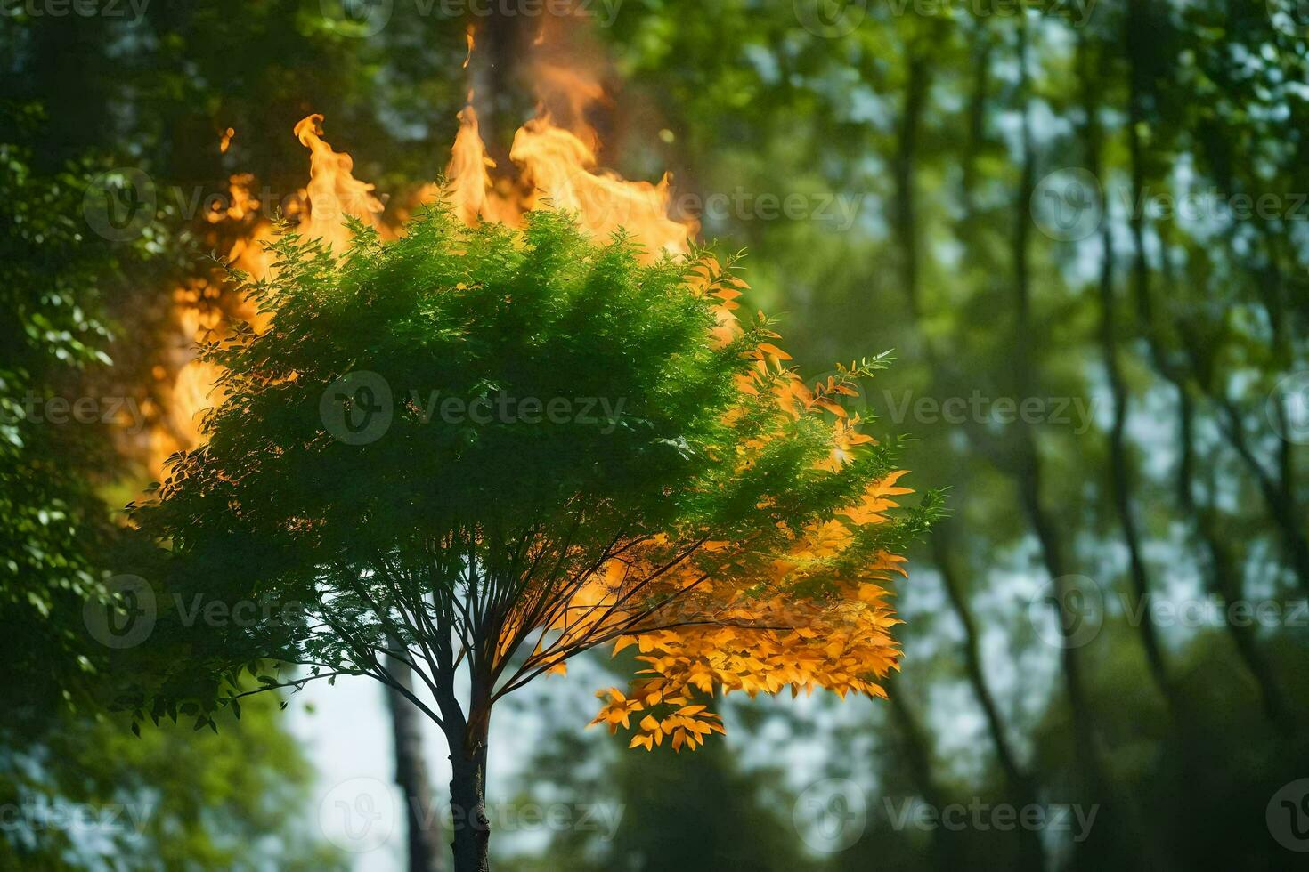 a tree with flames coming out of it. AI-Generated photo